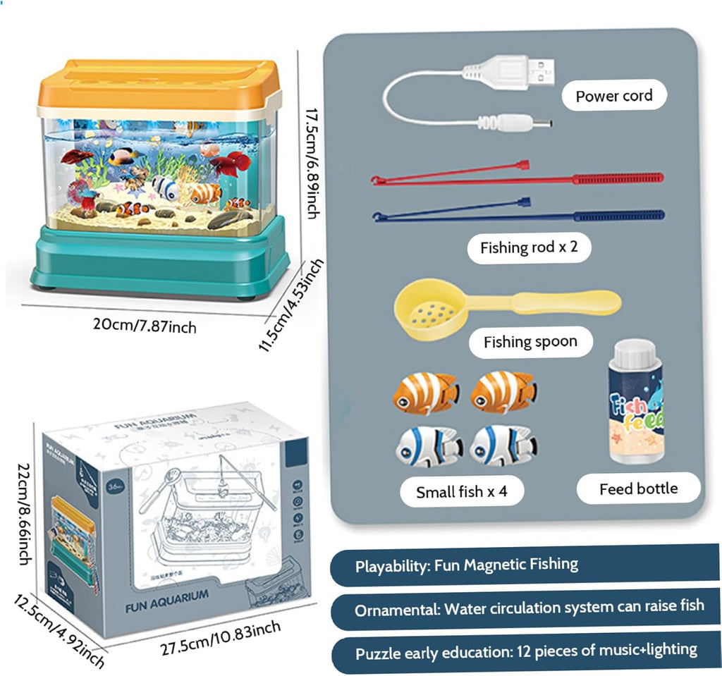 Baby Aquarium Toy, Educational Toy Fish Tank with Light & Music, Artificial Water Tank with 4 Magnetic Fish, 2 Fishing Rod, Net & Feed Bottle, for Kids