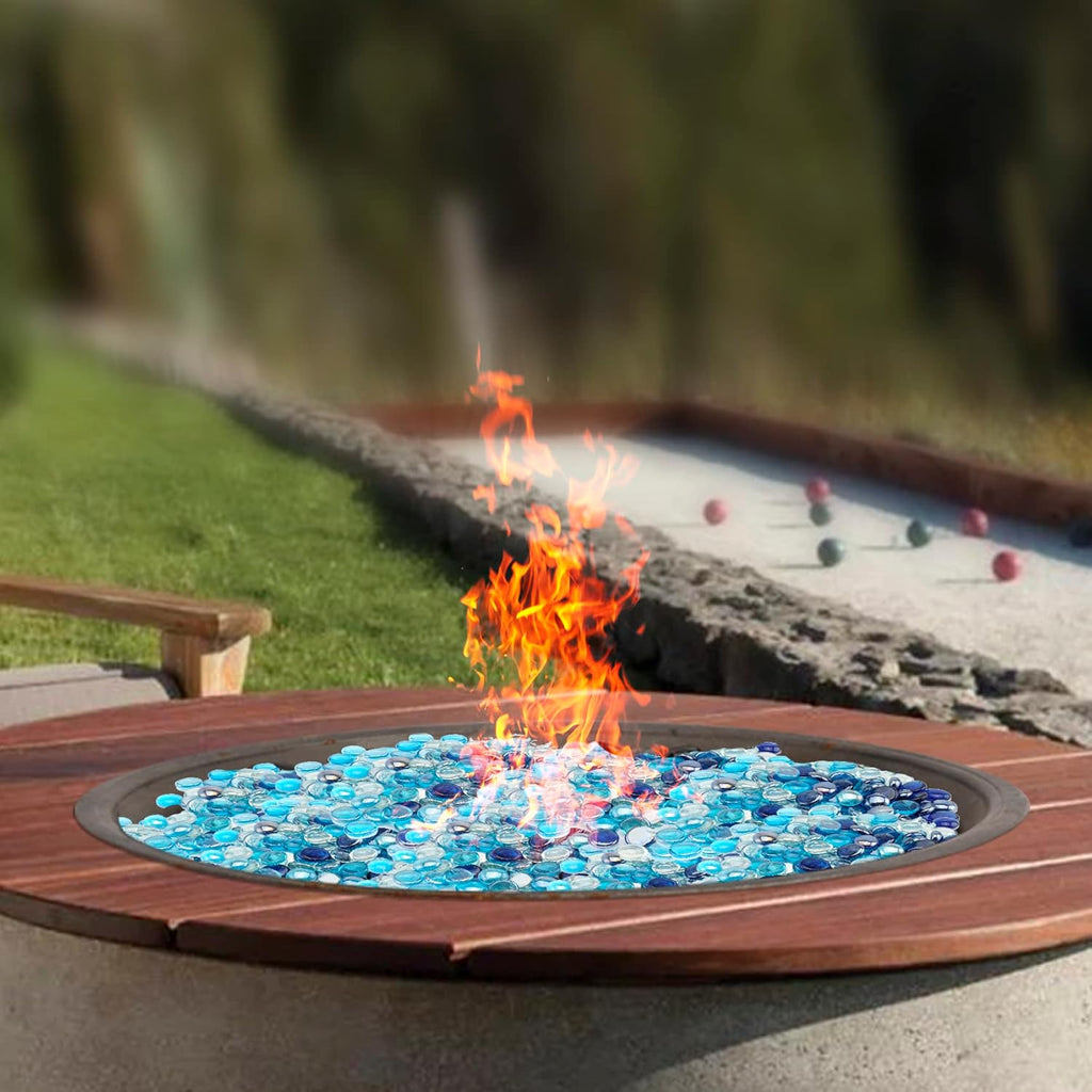 Skyflame 10-Pound Blended Fire Glass Beads for Fire Pit Fireplace Landscaping, 1/2-Inch Cobalt Blue, Crystal Ice, Caribbean Blue Luster