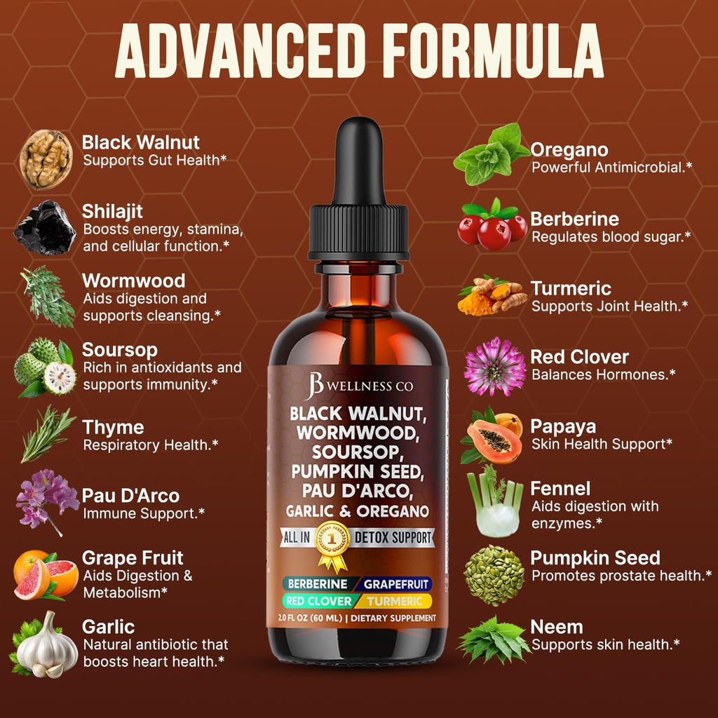 Wormwood Black Walnut Cleanse for Humans Drops Liquid Soursop Garlic Pumpkin Seed PAU D'Arco Oil of Oregano Turmeric Berberine Neem Extract Hull Bark Tincture - 6 oz