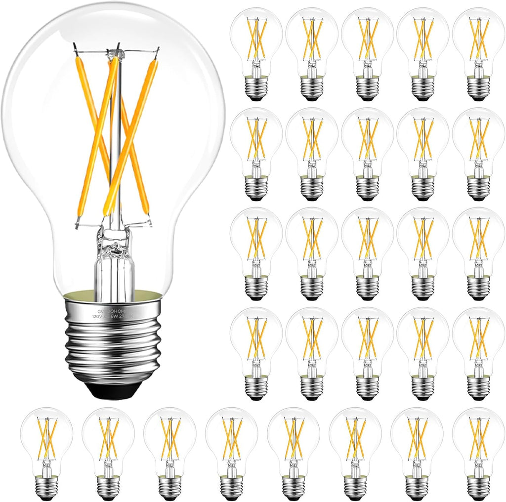 LED Edison Bulb Dimmable, 2700K Soft White, A19 Clear Glass Vintage E26 LED Bulb 6W, 60 watt Equivalent, A19 Light Bulb for Ceiling Fan, 90+CRI, 600LM, 24 Pack