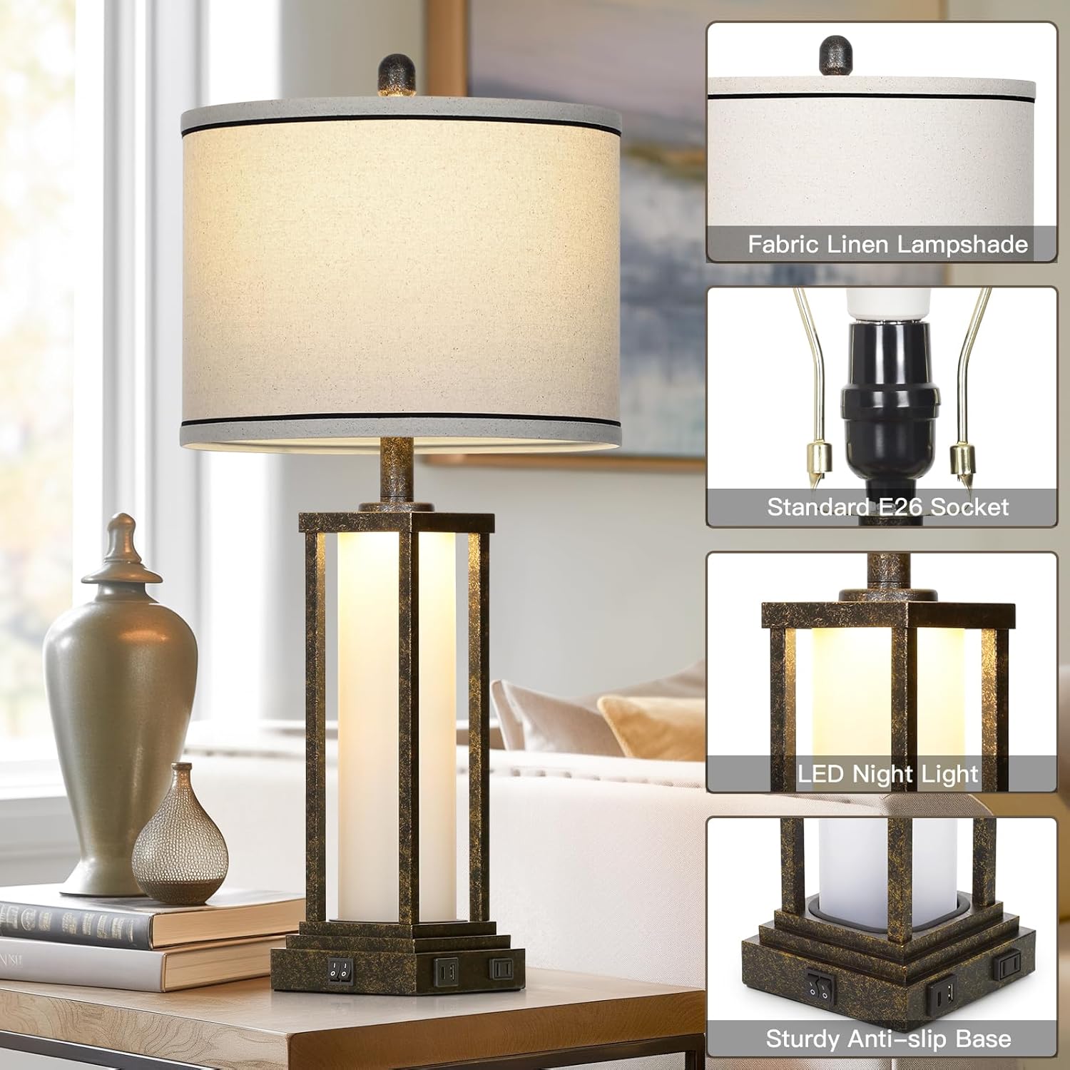 27" Tall Vintage Table Lamp Set of 2 with USB C+A & Outlet,Bronze Industrial End Table Lamp for Living Room,Farmhouse Rustic Bedside Lamps with Frosted Glass Night Light for Bedroom Nightstand,Bronze
