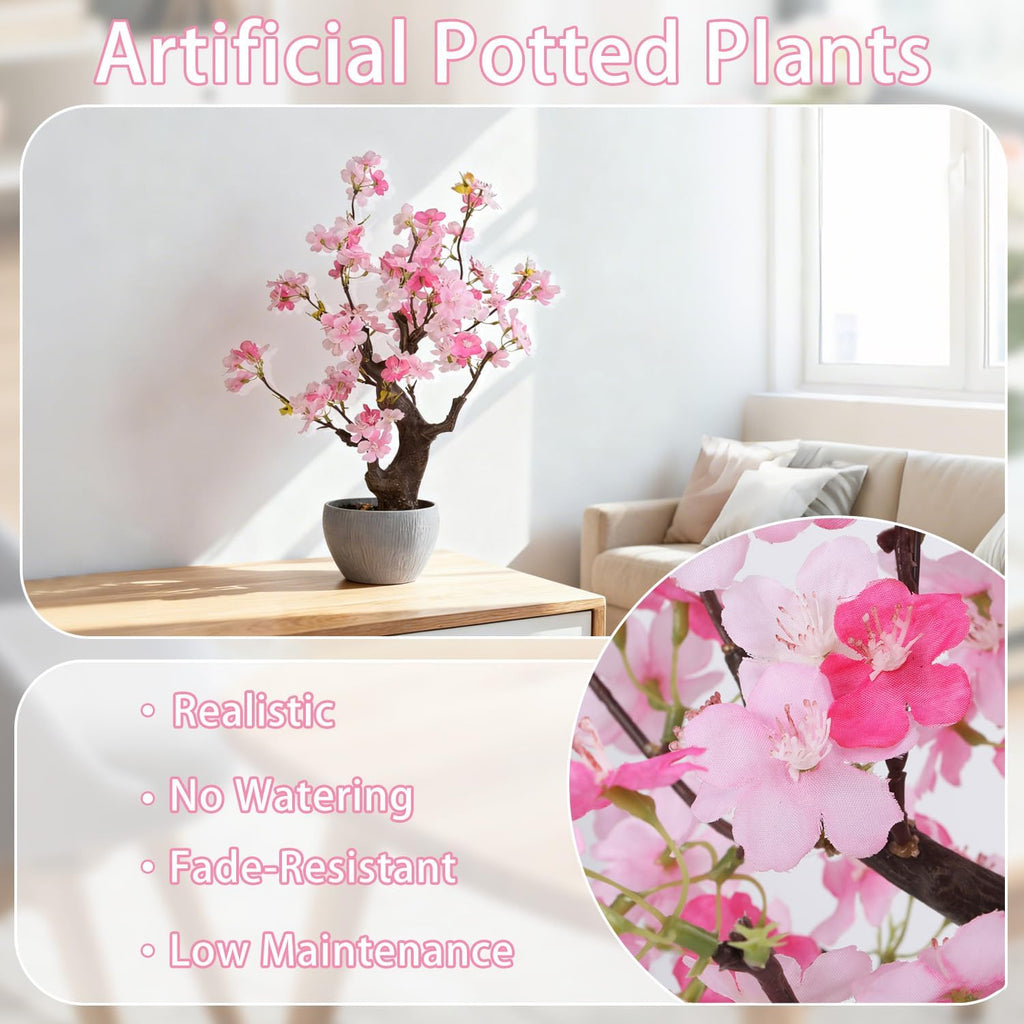 TOARTi Artificial Pink Cherry Blossom Potted Plant with Stone Pot, 18" Tall Fake Flowers Faux Plants Desk Plant, Realistic Plants Home Indoor Decor for for Home Bedroom Bathroom Office Desk