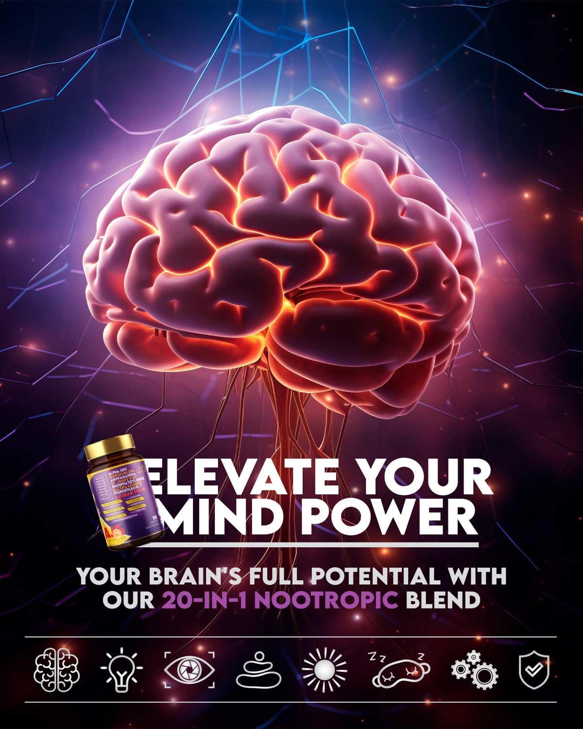 AJS Alpha GPC Nootropic Brain Supplement,Phosphatidylserine,St. John'sWort Ginkgo Biloba,Ashwagandha,Bacopa Monnieri,Pterostilbene,Magnesium Glycinate,Ginkgo Biloba,5-MTHF,Huperzine A 60CT,90 capsules