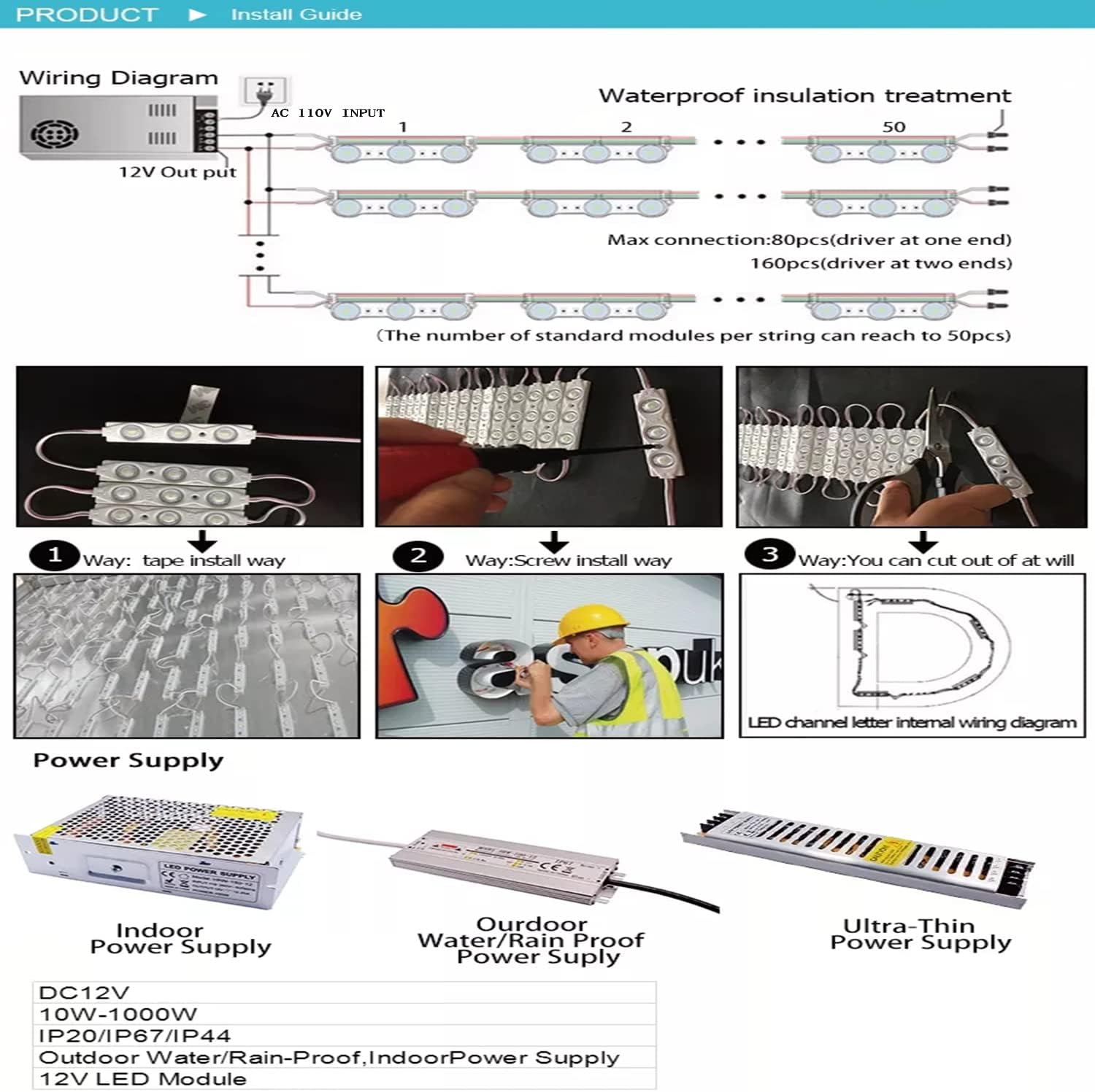 LED Module, 100pcs 5630SMD 150LM Per LED Window Light IP65 Waterproof for Advertising Signs with Tape Adhesive Backside (Blue Light,Power Supply NOT Included)