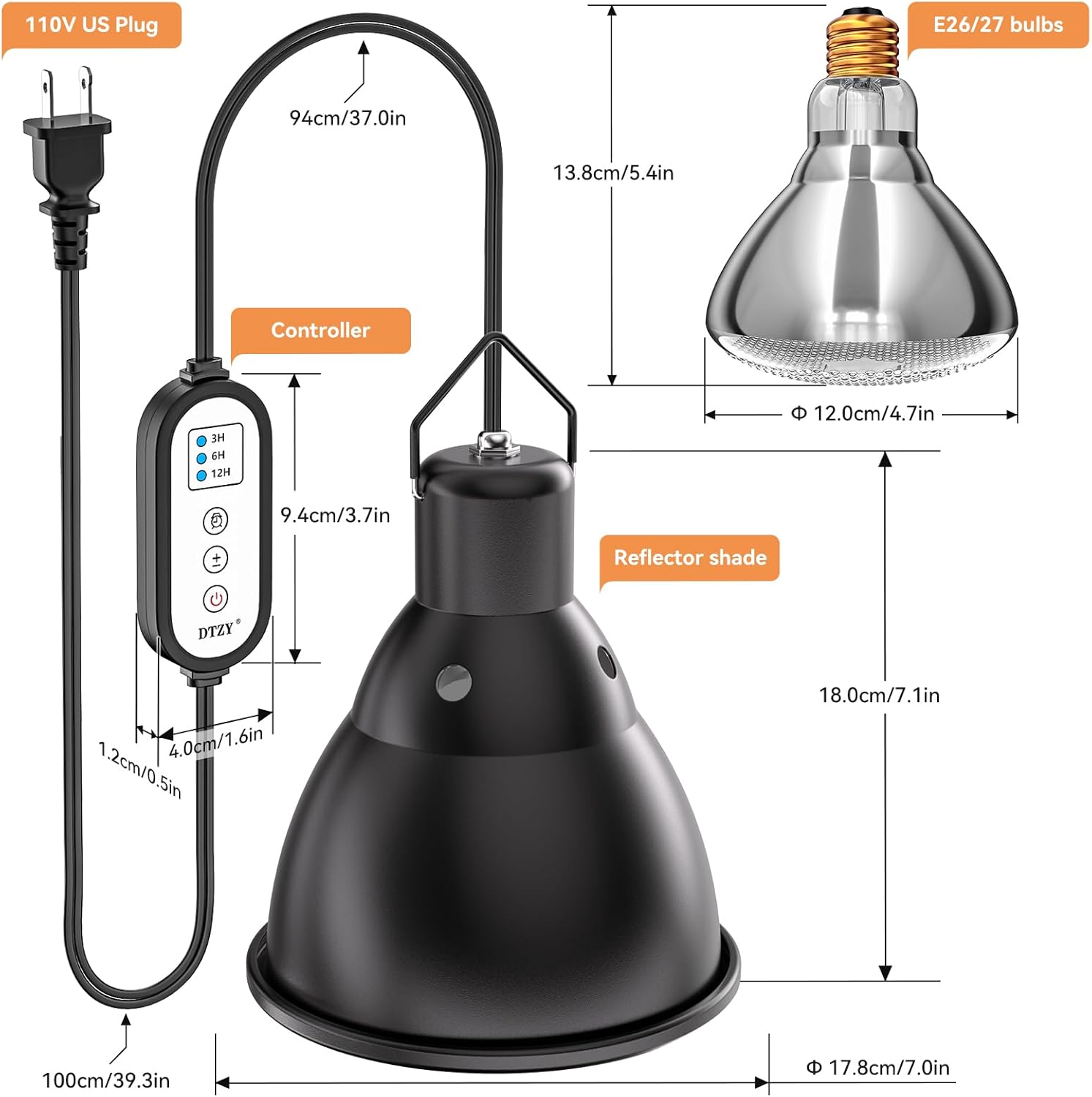 Reptile Light Fixture,7inch Deep Dome Reptile Light Fixture with 3/6/12 Timer,Infrared Reptile Heat Lamp Max 150W Blub, for Turtle Bearded Dragon Lizards Snake, 1PCS 150W Bulb Included