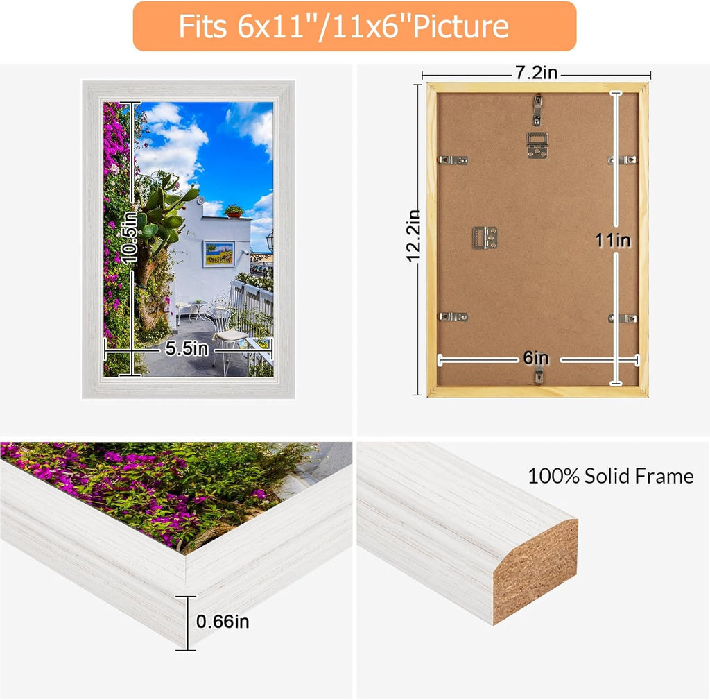 6x11 Wood Frame White, Modern Natural Woodgrain 11x6in Picture Frame, Rustic Wooden 6 x 11 inch Gallery Wall Photo Poster Frame with HD Plexiglass, Horizontal Vertical Wall Mounting Display 1pcs