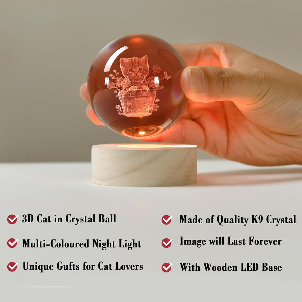 IFOLAINA 3D Flower Pot Cat Crystal Ball Cat Lover Gifts for Women Girl Birthday Christmas Cute Crystal Pet Sphere Decor