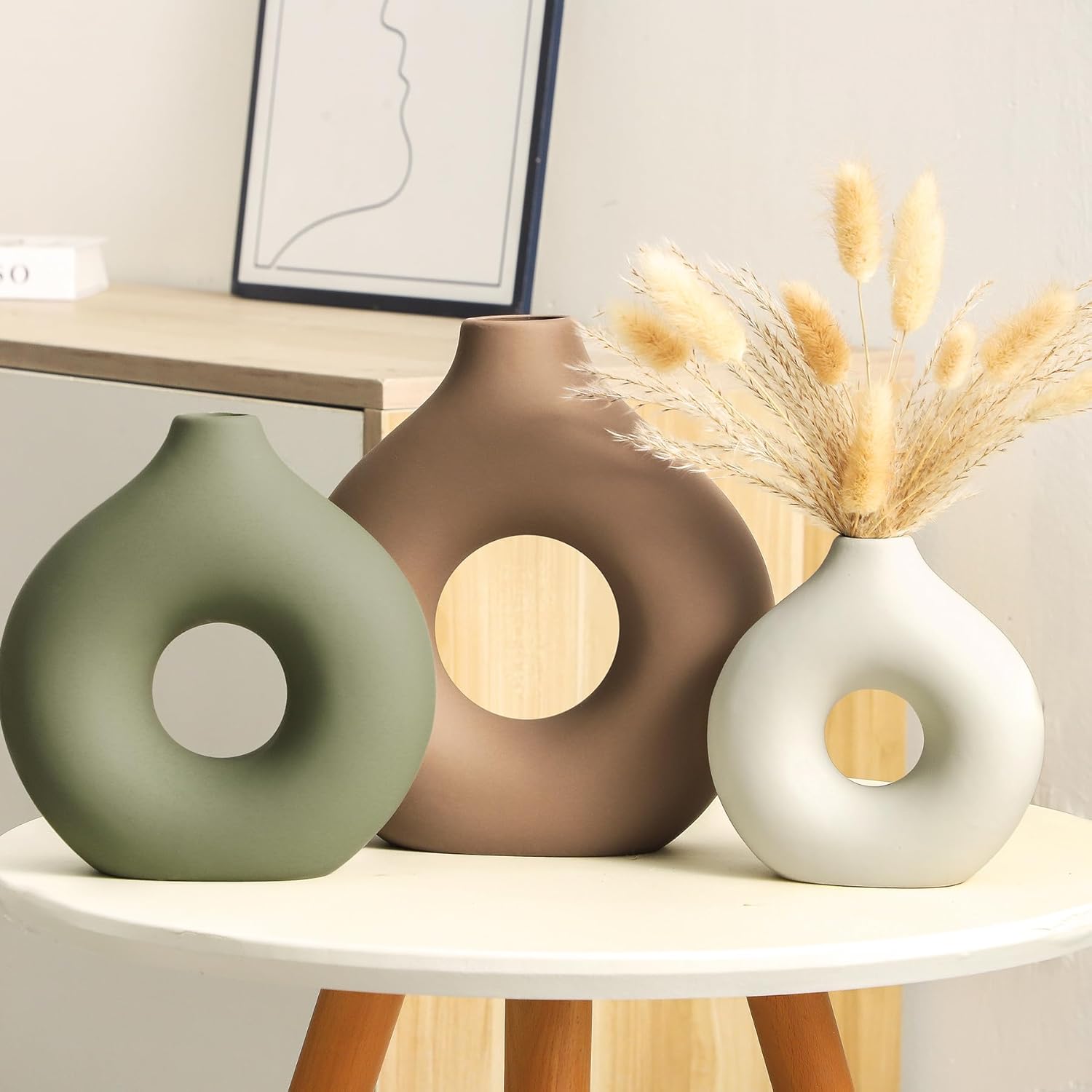 Ceramic Vase Home Table Decor - Flower Vases Set of 3 Small Living Room Centerpiece Decorations for Shelf Bedroom Office Kitchen Dining Desk Modern Aesthetic Farmhouse Decorative (Brown)