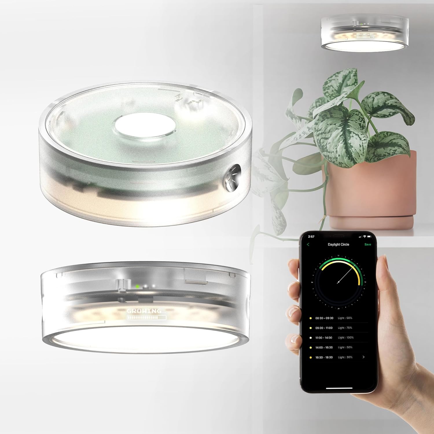 ONF Mist O+ App Controlled Via Bluetooth Magnetic Full Spectrum Colorfull LED Indoor Plant Light, Puck Grow Light 4 Level dimmable 3 Color Temperature, Clear