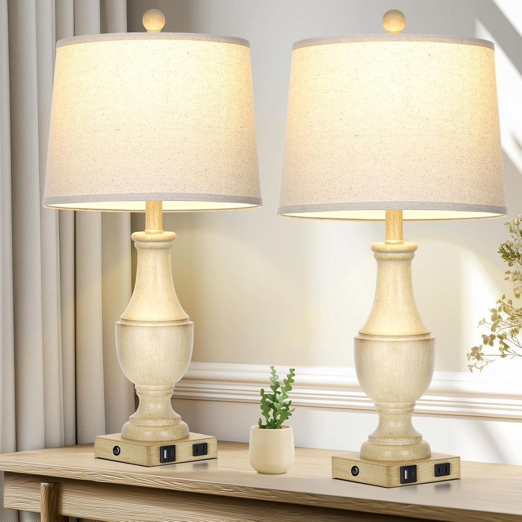 Farmhouse Lamps Set of 2, Vintage Rustic 3-Way Dimmable Touch Control Table Lamp with USB A+C Charging Ports & AC Outlet, Retro Resin Bedside Lamp Linen Shade for Bedroom Office Antique White