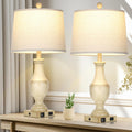 Farmhouse Lamps Set of 2, Vintage Rustic 3-Way Dimmable Touch Control Table Lamp with USB A+C Charging Ports & AC Outlet, Retro Resin Bedside Lamp Linen Shade for Bedroom Office Antique White