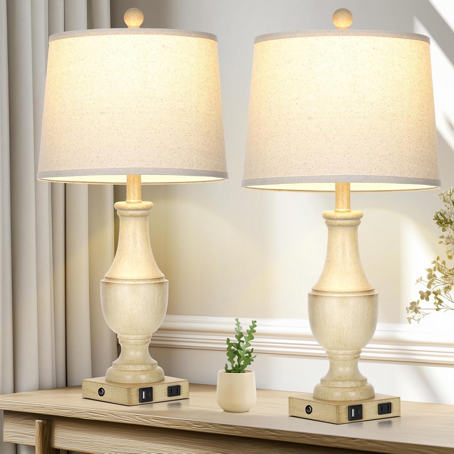 Farmhouse Lamps Set of 2, Vintage Rustic 3-Way Dimmable Touch Control Table Lamp with USB A+C Charging Ports & AC Outlet, Retro Resin Bedside Lamp Linen Shade for Bedroom Office Antique White