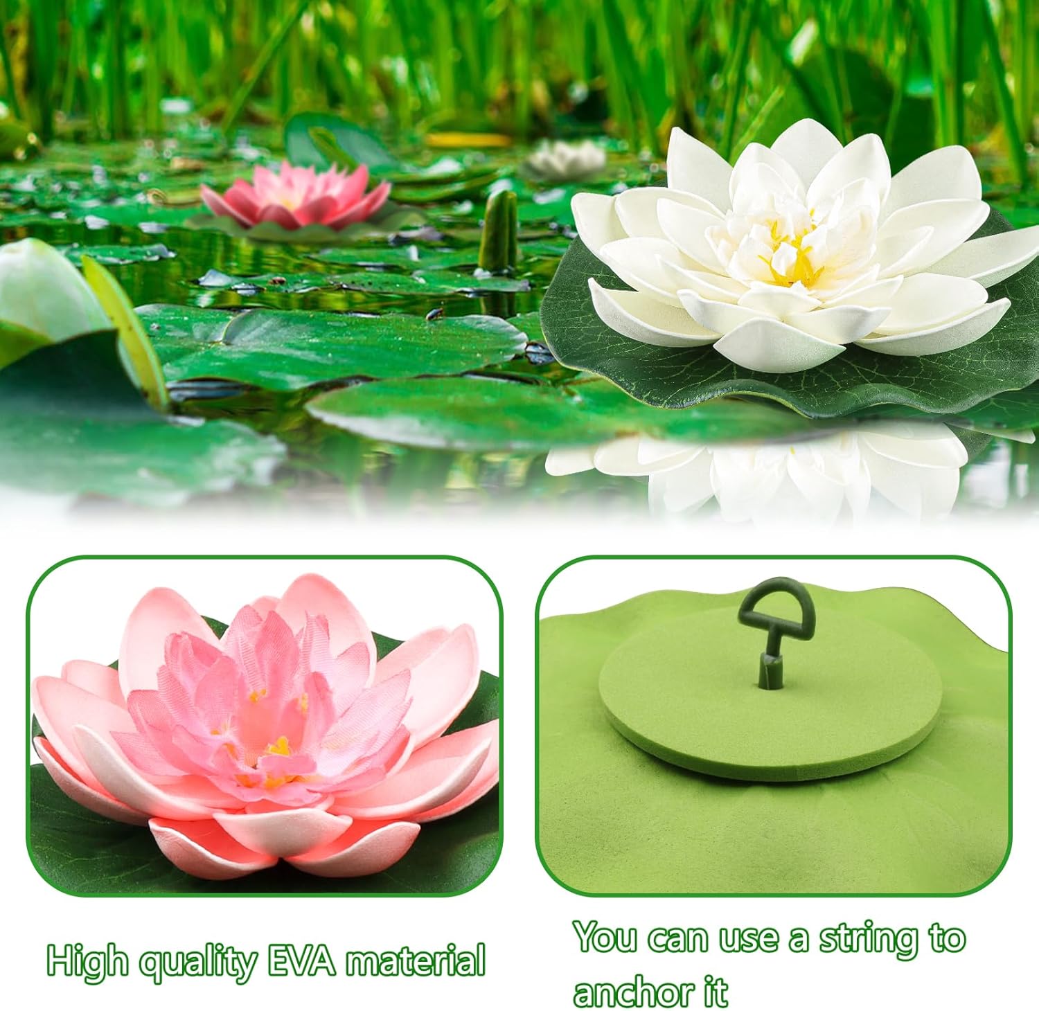 10PCS 3 Sizes Artificial Foam Lotus Floating Flowers with Water Lily Pad Ornaments for Home Garden Pond Decor Pools Water Decorations, Pink and White
