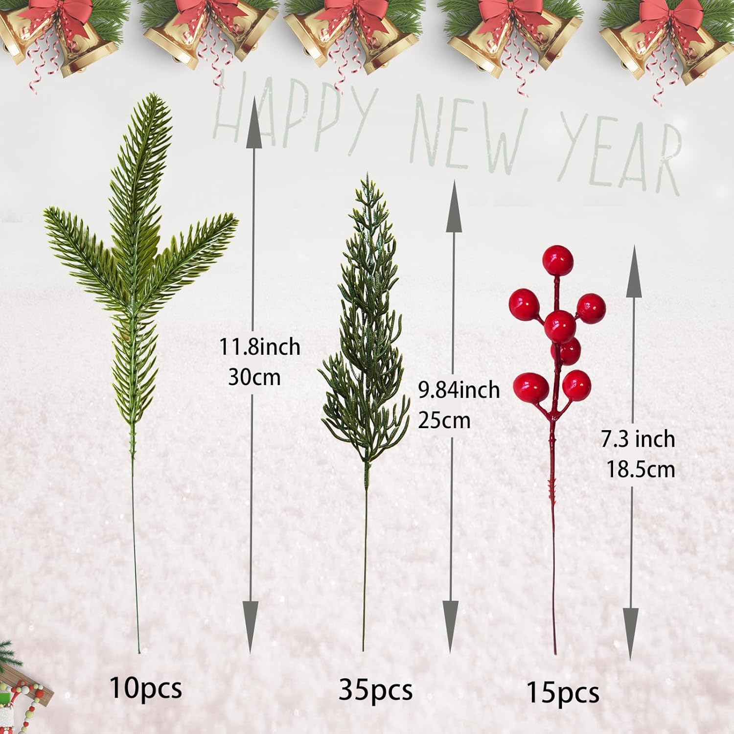 Kainonnan 60 Pcs Artificial Pine Branches With Red Berry Stems Christmas Stems Pine Needles Branches Fake Greenery Christmas for DIY Home Party Decor