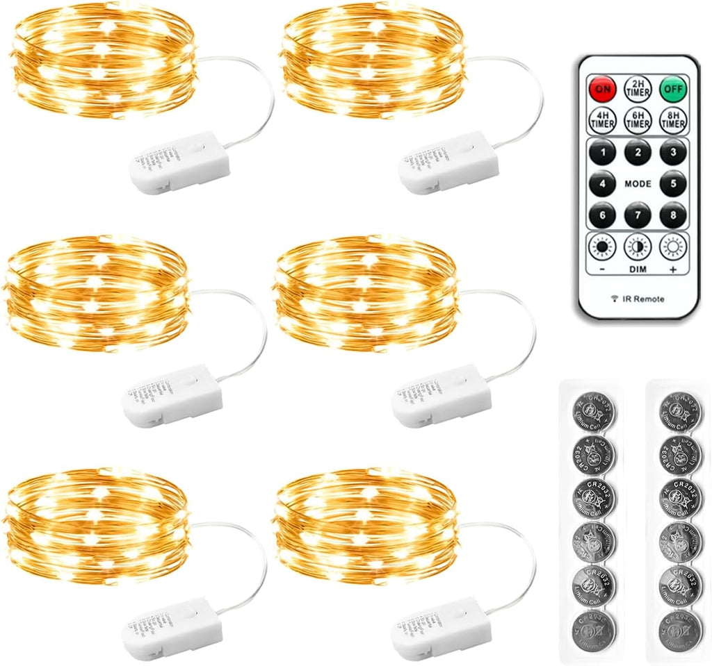 HXWEIYE 6 Pack Fairy Lights Battery Operated with Remote & Timer, 7ft 20LED Mini Firefly Starry Lights Mason Jar Lights for Indoor Outdoor Bottle Tree Party Wedding Thanksgiving(Warm White)