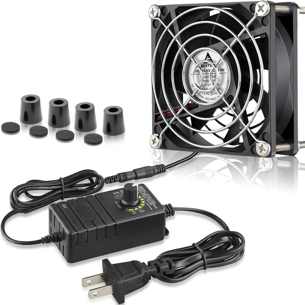 GDSTIME 80mm x 25mm Computer Fan with AC Plug, 100V-240V Variable Speed Controller for Modem Terrarium Router Receiver DVR PlayStation Xbox Component AV Cabinet Cooling