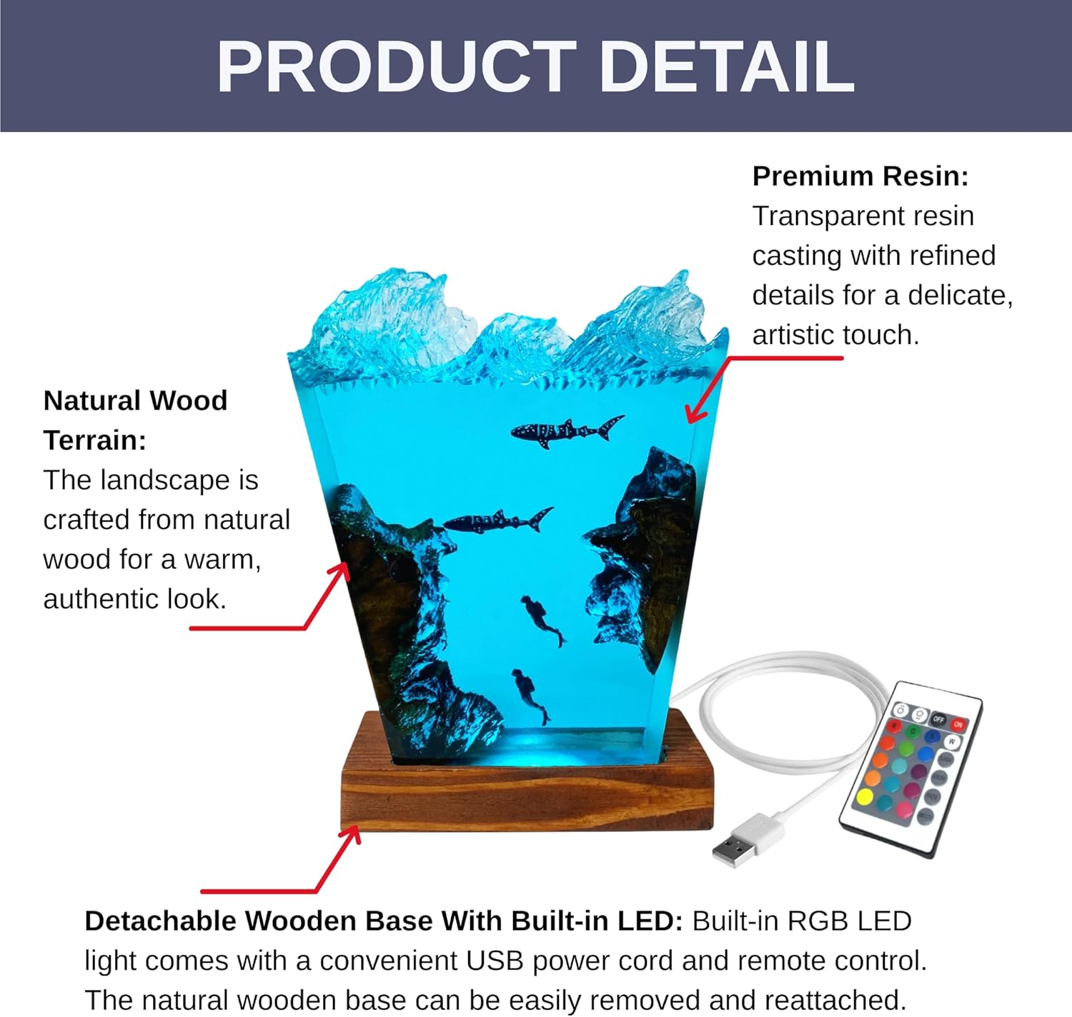 Ocean Resin Lamp – Marine Life Night Light with 16 Color LED, USB Powered Orca Shark & Turtle Desk Lamp with Wooden Base & Remote,Handmade Gift for Christmas, New Year