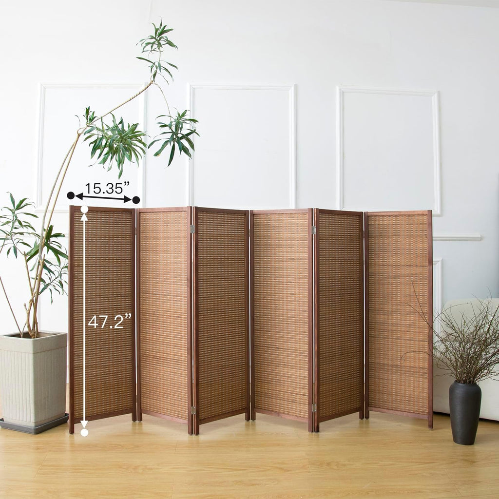 6 Panel Room Divider Short Folding Screen Divider,Double Sided Bamboo Panel Divider for Room Separation,Brown,47.2" H x 92.1" W
