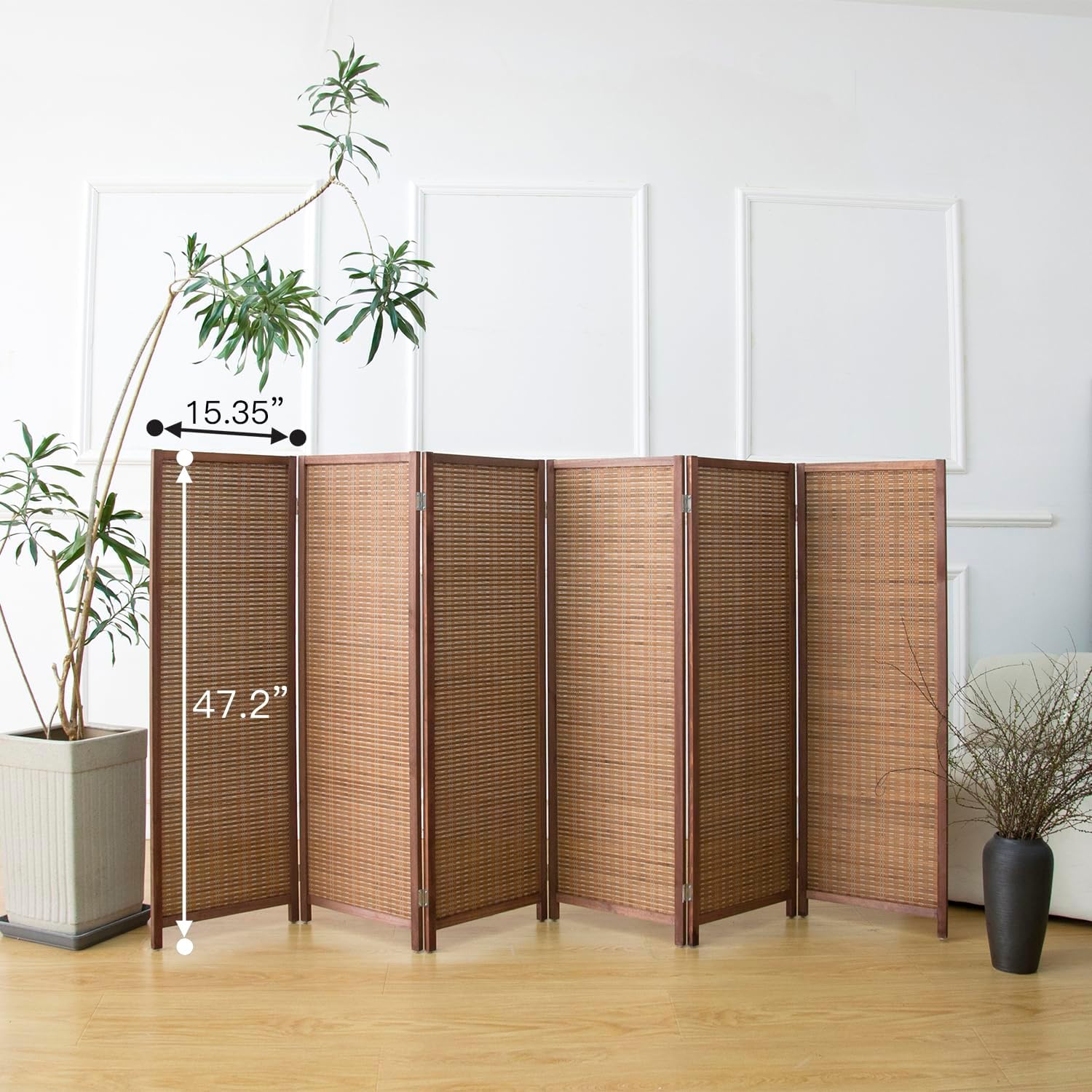 6 Panel Room Divider Short Folding Screen Divider,Double Sided Bamboo Panel Divider for Room Separation,Brown,47.2" H x 92.1" W