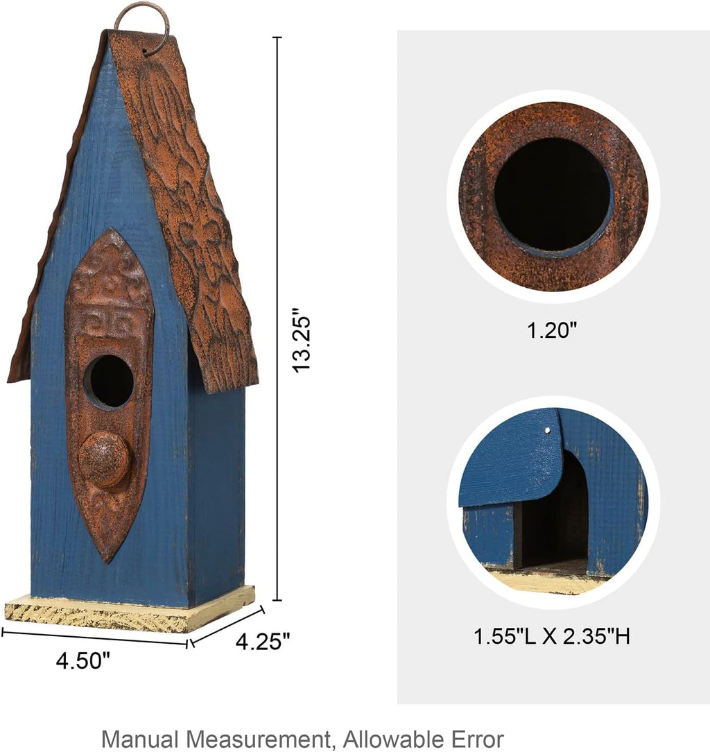 Glitzhome 13.25" H Retro Blue Distressed Solid Wood Birdhouse Hanging Garden Bird House for Outdoors
