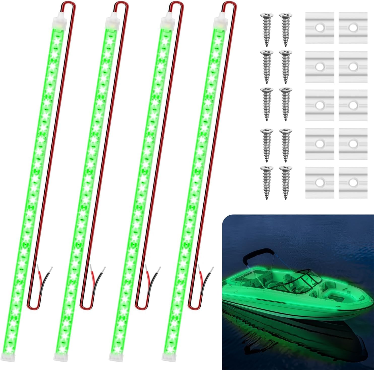 Boat Marine Submersible Led Strip Lights, 4 Pcs 20 Inches 12V Super Bright Boat Interior Lights, IP68 Waterproof Marine Led Strip Lights Night Fishing Lights for Boats, Kayak (Green)