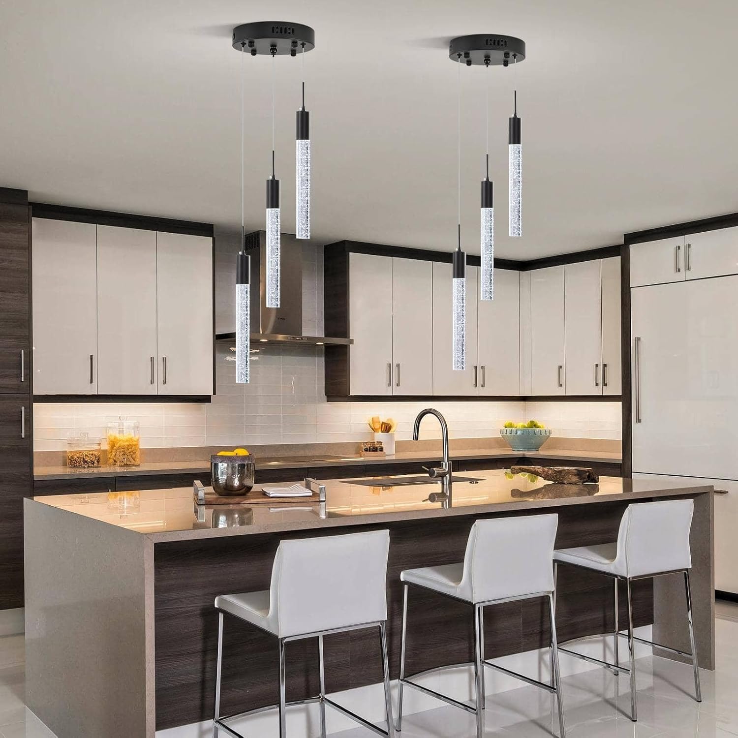 Modern Crystal Chandelier 3-Lights, Spiral LED Raindrop Kitchen Island Pendant Lighting, Bubble Foyer Dinimg Room Hanging Light Fixture Remote Control Black