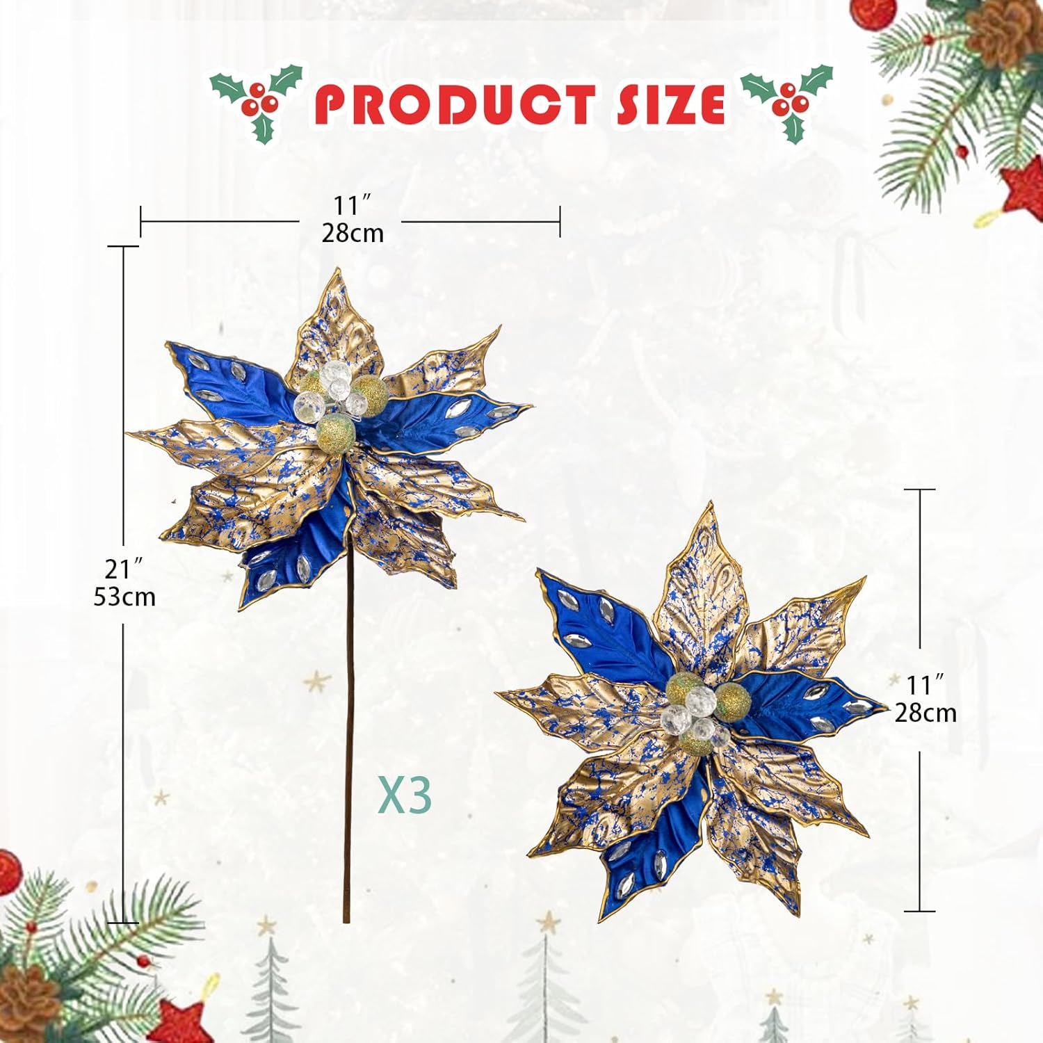 Hollyone 3PCS Poinsettia Christmas Flowers Artificial 11" Large Blue and Gold Glitter Poinsettia Flowers Christmas Tree Ornaments Floral Picks for Tree Wreath Garland Vase Table Centerpiece Home Decor