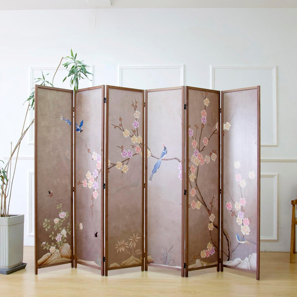 6 Panel Room Divider Screen,Double Faced Blackout Panel Divider Folding Panel Screen Divider for Room Separation,Plums and Birds,67" H x 94.5" W