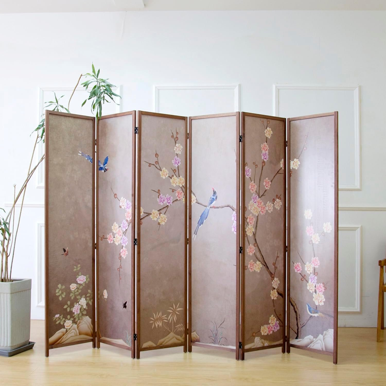 6 Panel Room Divider Screen,Double Faced Blackout Panel Divider Folding Panel Screen Divider for Room Separation,Plums and Birds,67" H x 94.5" W