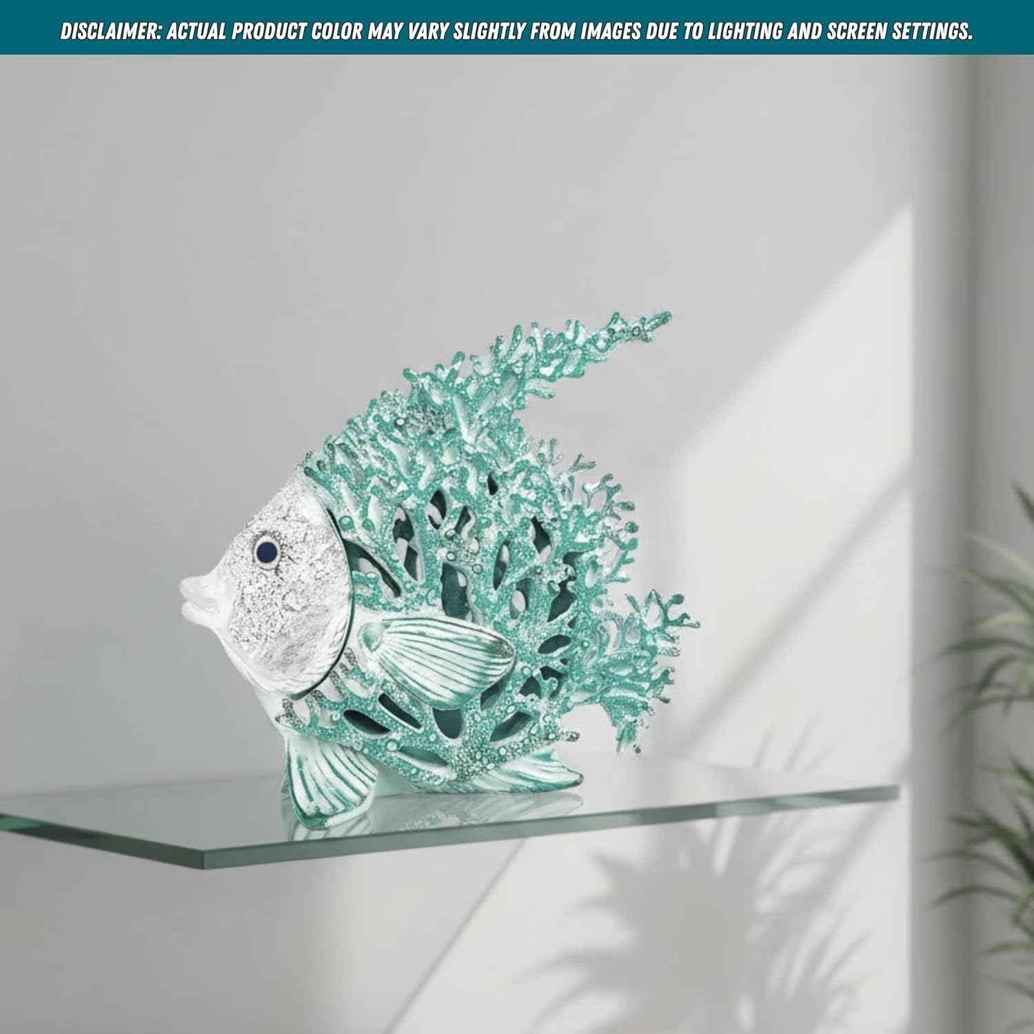 Ocean Decor Coral Reef Angelfish Sculpture Beach Home Decor Coastal Coral Look Tabletop Collection 12 in x 11 in (Seafoam)