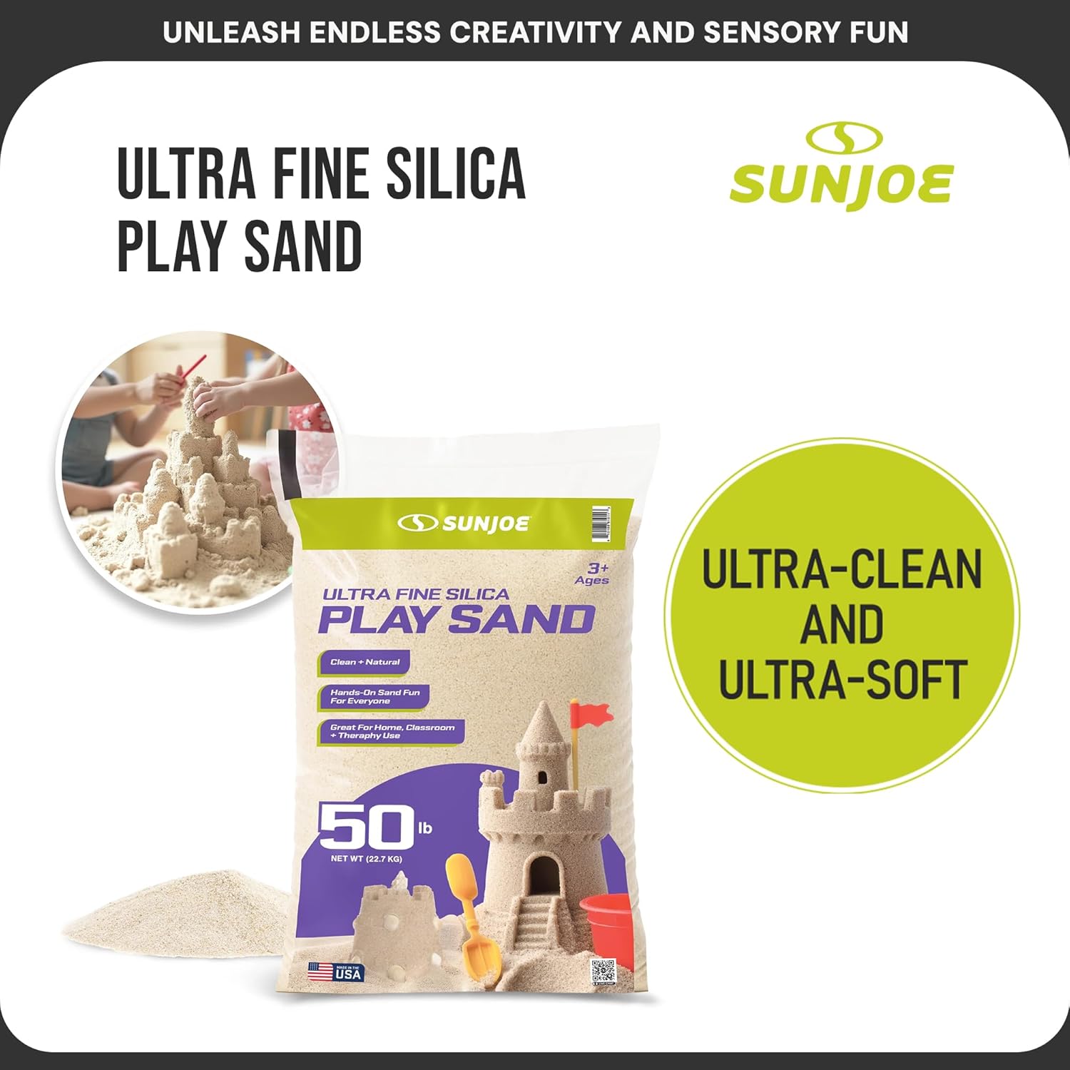 Sun Joe Silica Play Sand for Sandbox, Sensory Table & Garden Spaces, Ultra Fine, 50 Lbs - Natural Craft Accessory for Molding, Digging & Sculpting - Ideal for Indoor and Outdoor Use