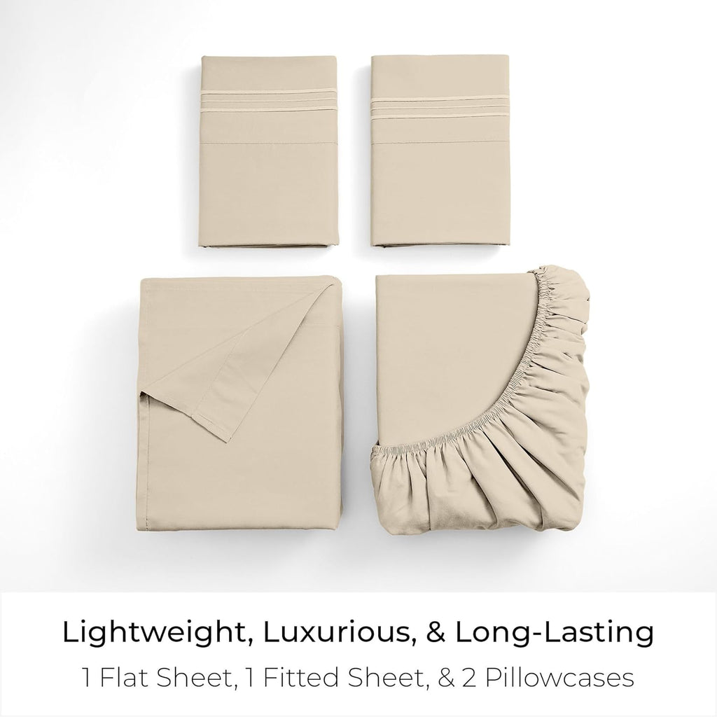 Mellanni King Sheets Set - 4 PC Iconic Collection Bedding - Hotel Luxury, Extra Soft, Cooling Bed Sheets - Wrinkle, Fade, Stain Resistant (King, Beige)