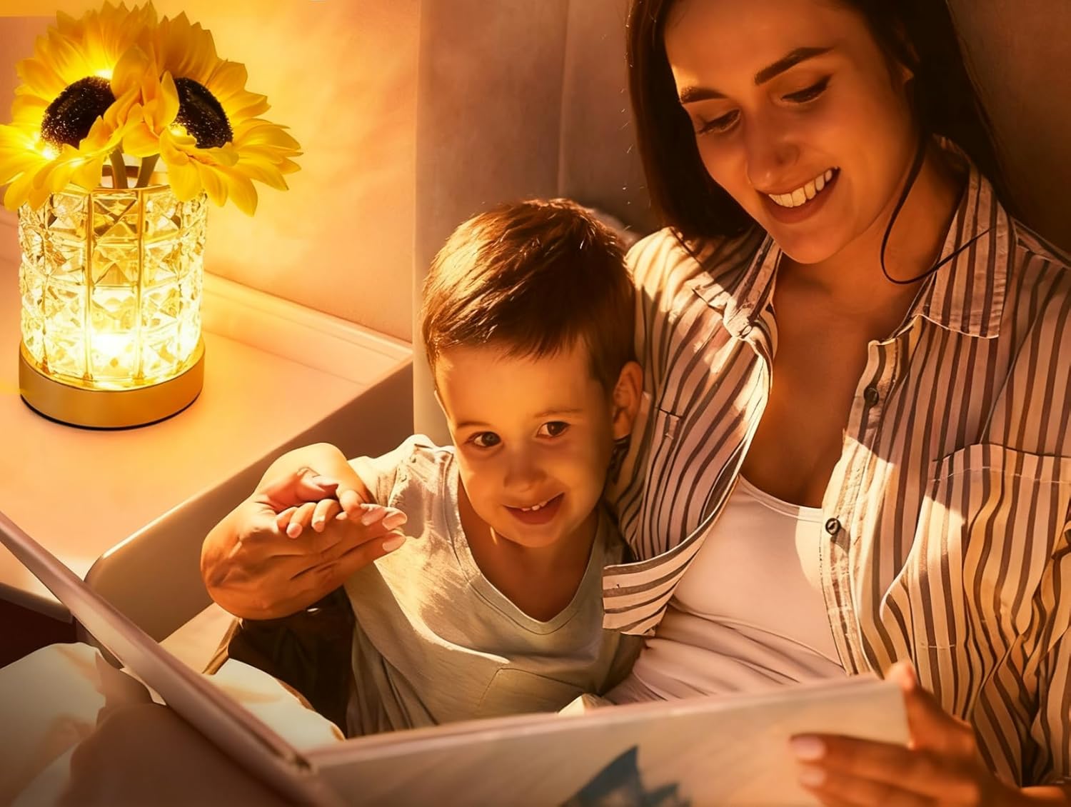 Crystal Cube LED Night Light with Sunflower Vase, USB Rechargeable Table Lamp, 3 Color Modes, Touch Control, Decorative Accent Light for Bedroom, Home (Crystal Column/Pillar (Sunflower))