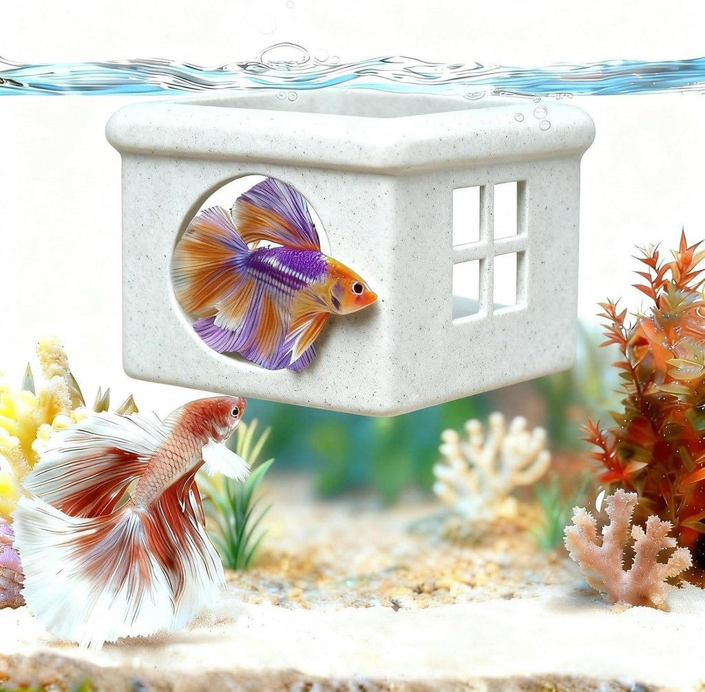 Marble Gray Floating Betta Fish Hideout with Window – 3D Breeding Box & Resting Cave – Floating Betta Hammock, Feeding Platform & Fish Tank Accessories for Nano Aquariums, Bowls & Small Tanks