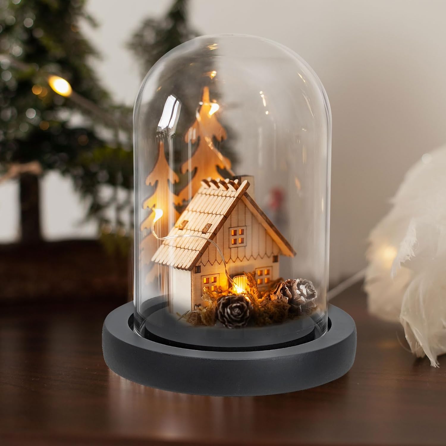 PATIKIL 4.9"x3.6" Clear Cloche Glass Dome, Glass Bell Jar Display Case Tabletop Centerpiece with Black Wooden Base for Christmas Home Decor