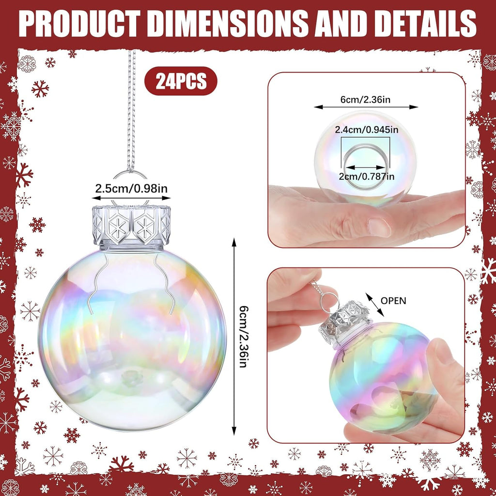 Funtery 24 Pcs Christmas Iridescent Clear Ornaments Balls Iridescent Christmas Balls for Tree Crafts Fillable Transparent DIY Hanging 2.5 Inch Rainbow Ball for Holiday Decor (Iridescence Style)
