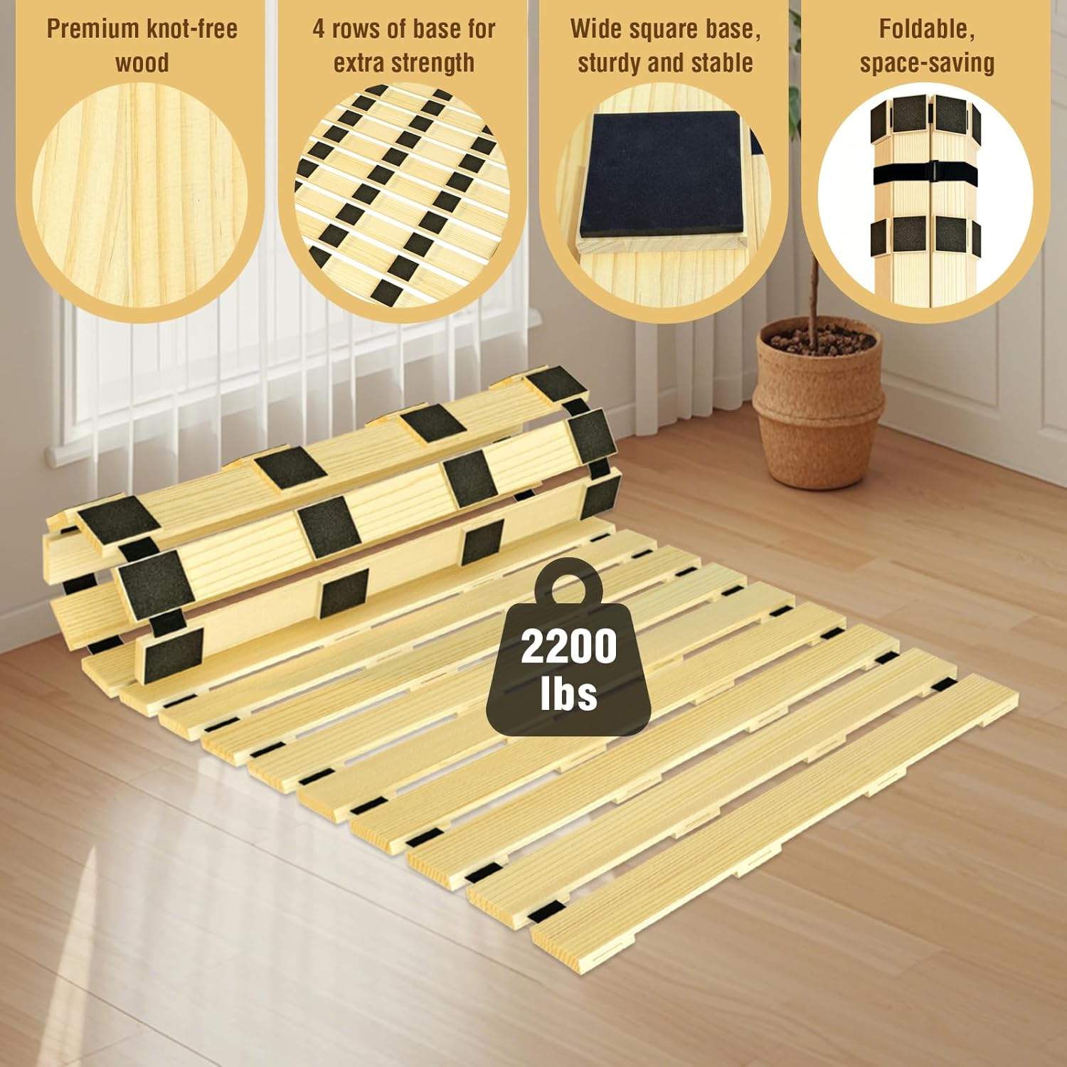 Japanese Tatami Mat Floor Bed, Knotless Solid Wood, Roll-Up Slatted, Bed Plate with 2 Storage Straps, Moisture-Proof and Breathable for Floor Sleeping or Futon Mattress, Twin