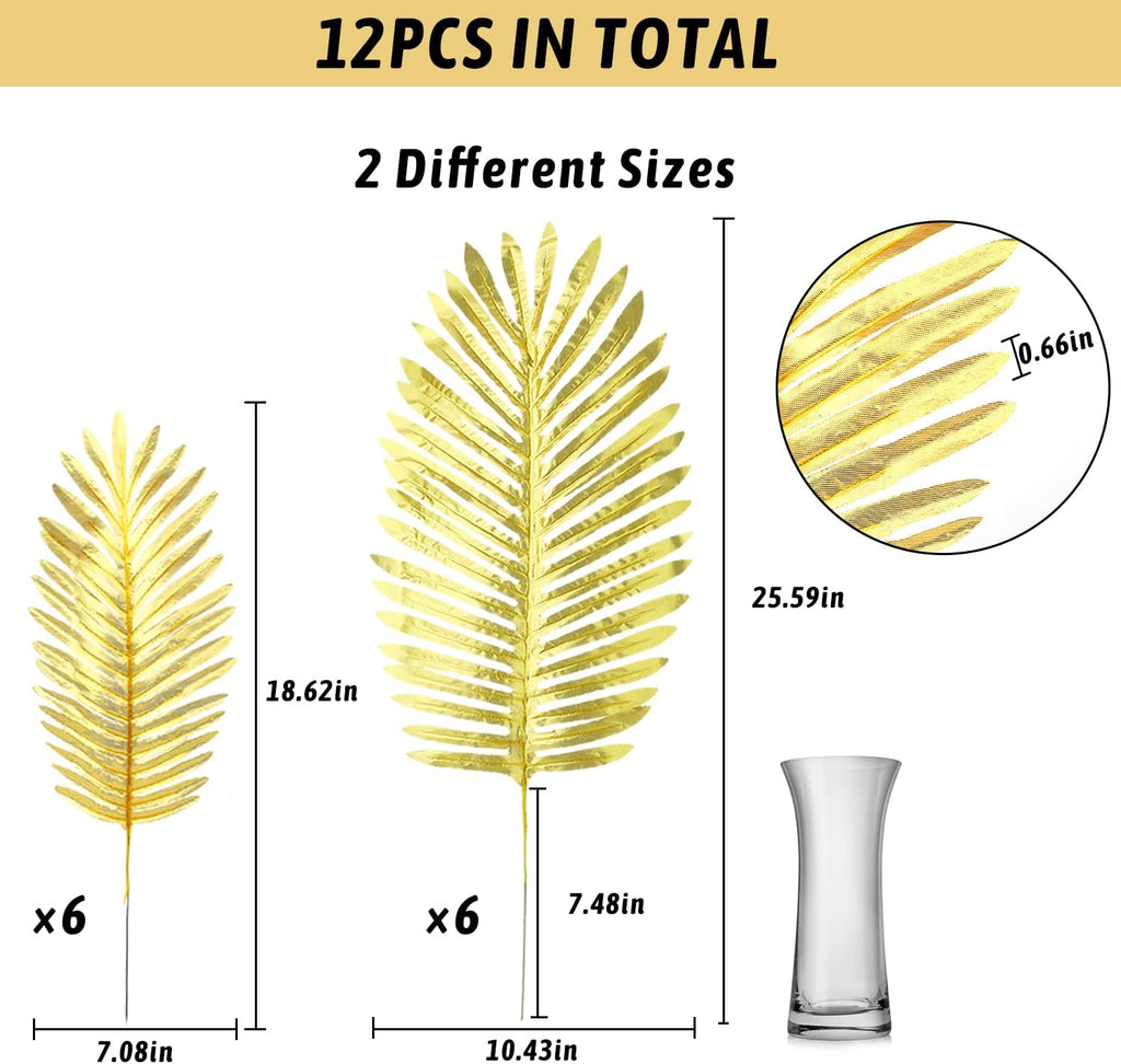 KIMOBER 12PCS Artificial Gold Palm Leaves,Large Golden Faux Tropical Palm Leaves Realistic Ferns Artificial Plants Leaf for Home Hawaiian Luau Party Jungle Beach Decorations