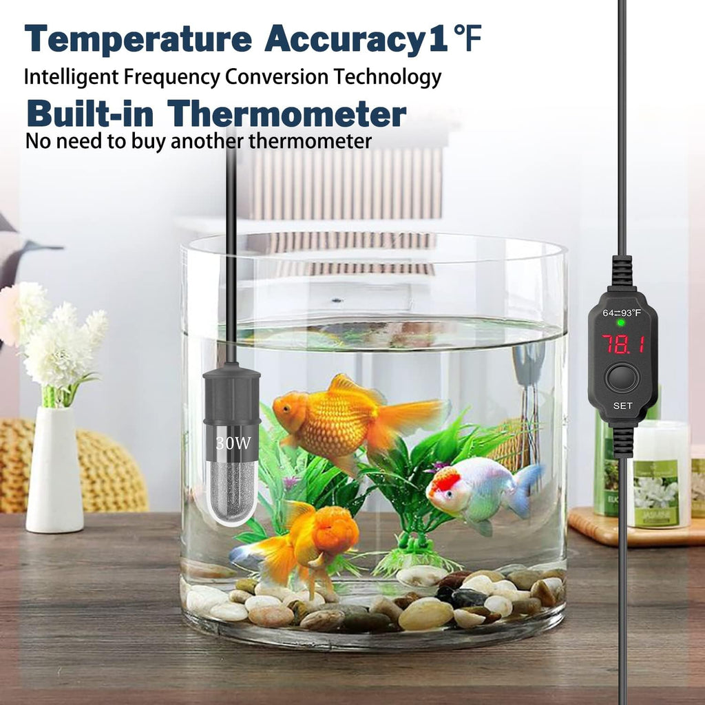Adjustable Mini Aquarium Heater 0.5/1/2/3 Gallon Submersible Small Fish Tank Heater 10W/20W/30W Digital Display Thermostat External Temperature Controller(30W)