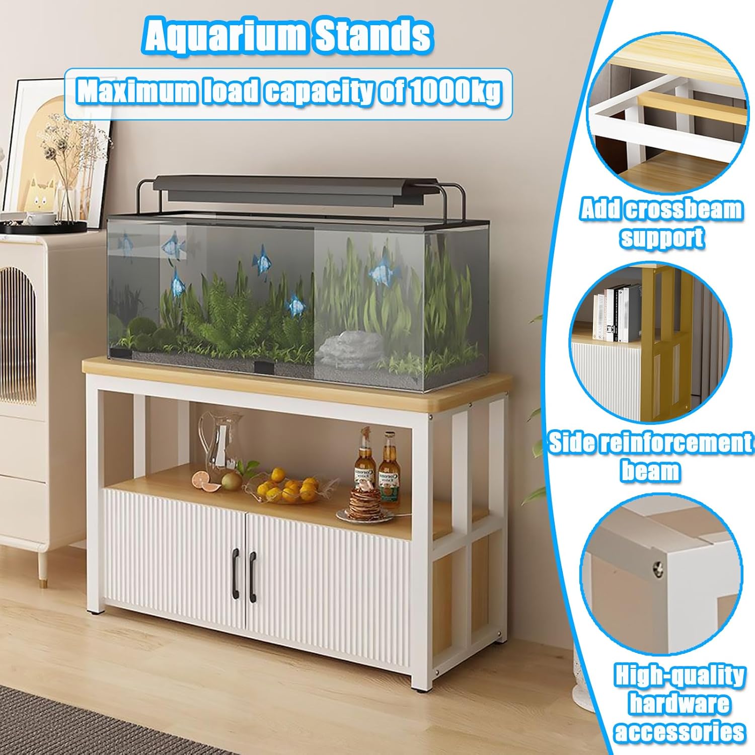 5-75Gallon Aquarium Stands,3 Tier Metal Frame Fish Tank Stand with Cabinet Storage,Reptile Tank Stand for Home Living Room Bedroom Office,2200LBS Capacity (White+Light Mahogany, L39.4″*W19.7″*H23.6″)