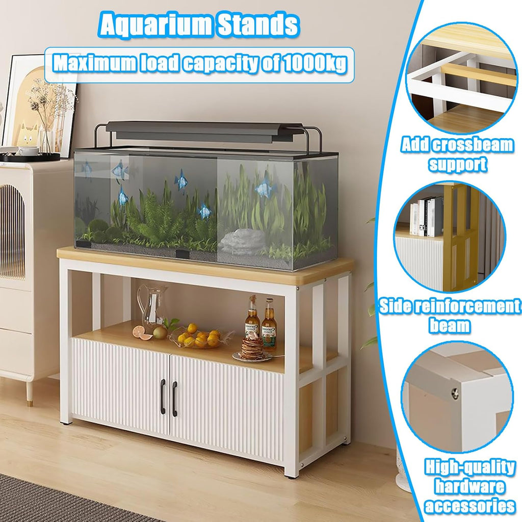 5-75Gallon Aquarium Stands,3 Tier Metal Frame Fish Tank Stand with Cabinet Storage,Reptile Tank Stand for Home Living Room Bedroom Office,2200LBS Capacity (White+Light Mahogany, L19.7″*W15.7″*H23.6″)