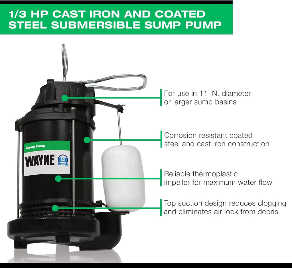 WAYNE CDU790 - 1/3 HP Submersible Cast Iron and Stainless Steel Sump Pump with Integrated Vertical Float Switch - Up to 4,600 Gallons Per Hour - Heavy Duty Basement Sump Pump, Black