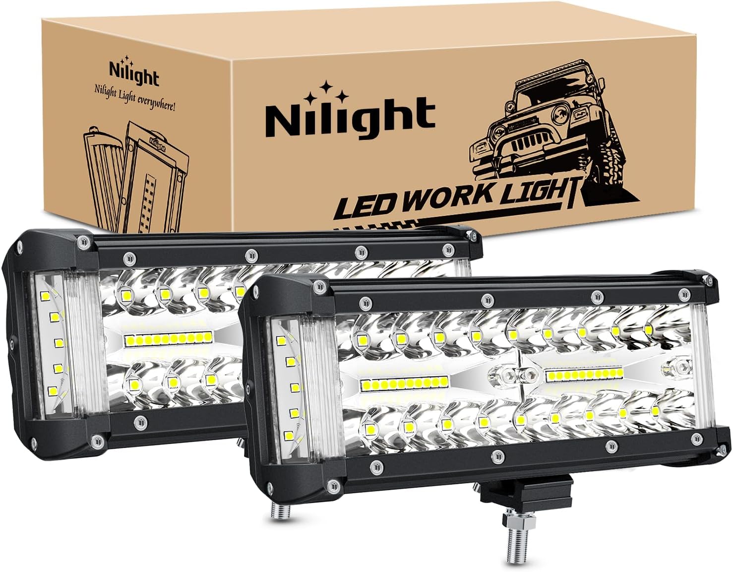 Nilight Side Shooter Light Bar 2 PCS 7 Inch Triple Row Spot Flood Combo Work Off Road Lighting on Truck SUV ATV UTV
