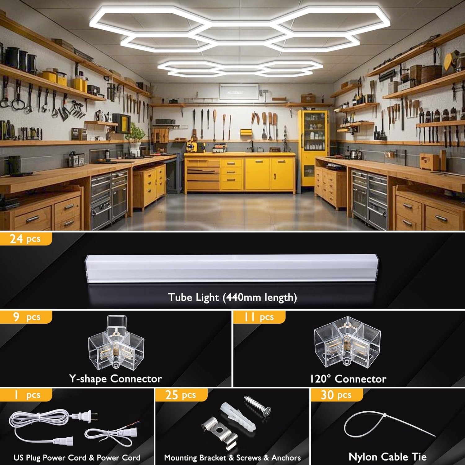 BRILLIHOOD Hexagon Garage Lights, LED Honeycomb Lights Ceiling, 192W, 23040LM, 6500K Super Bright, 5 Grid Systems Car Detailing Light for Garage Warehouse Workshop Basement Gym