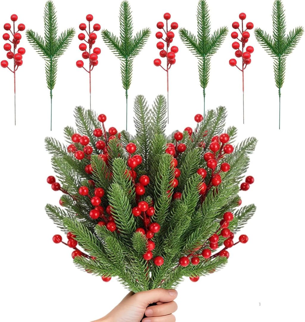 40 Pcs Artificial Green Pine Branches Holly Red Berry Stems Fake Norfolk Needles Picks Christmas Tree Decoration Xmas Wreath Decor Accessories
