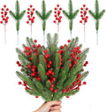 40 Pcs Artificial Green Pine Branches Holly Red Berry Stems Fake Norfolk Needles Picks Christmas Tree Decoration Xmas Wreath Decor Accessories