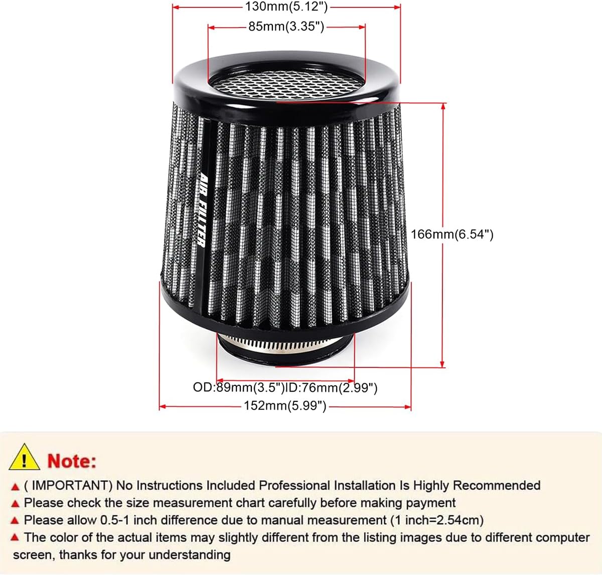 muge racing Universal 3 Inch 76mm Air Intake Filter Replacement Cone Air Filters Quality Dry Air Filter