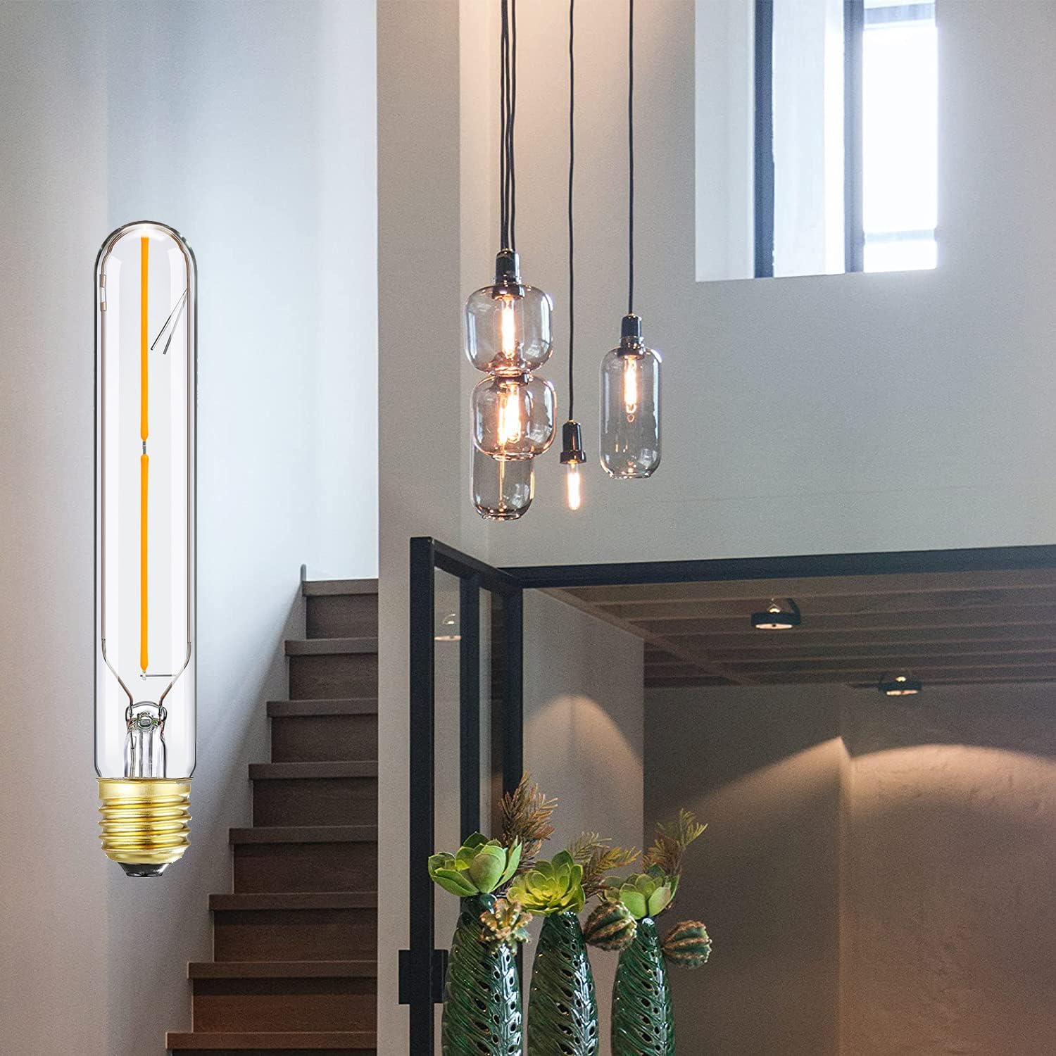 7.3 Inch E26 Led Bulb 40 watt,Dimmable Tubular Bulb 4W,2700k Warm White Edison Bulbs,T10 Long Clear Glass Light Bulb for Rustic Pendant,Industrial Pipe,Wall Sconces,Chandeliers,6 Pack