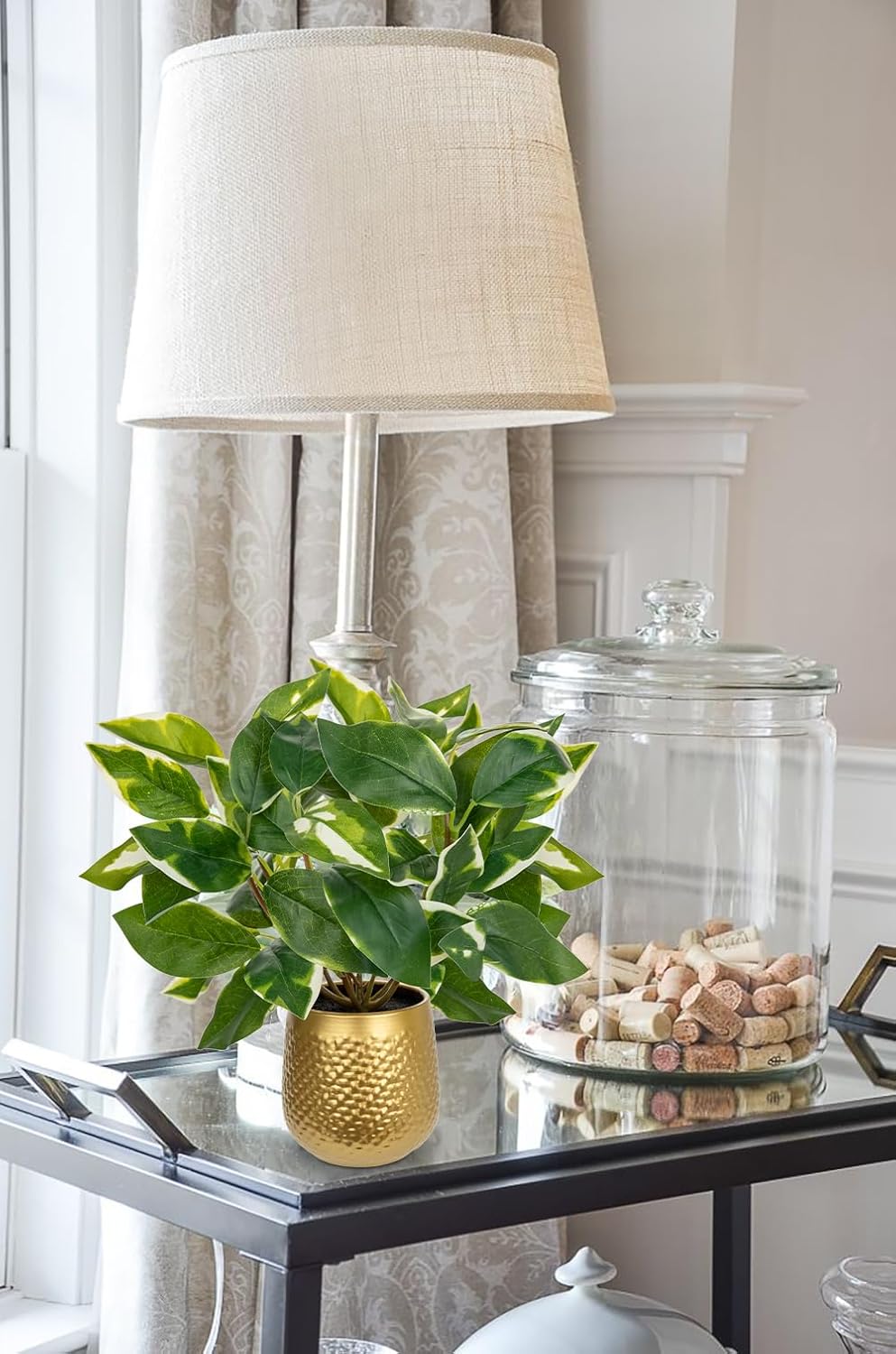 Oairse Articicial Plants Indoor Small Fake Plants in Pots Faux Pothos N‘ Joy Potted Plant Fake Indoor Plants with Gold Pots for Bathroom Living Room Office Desk Shelves