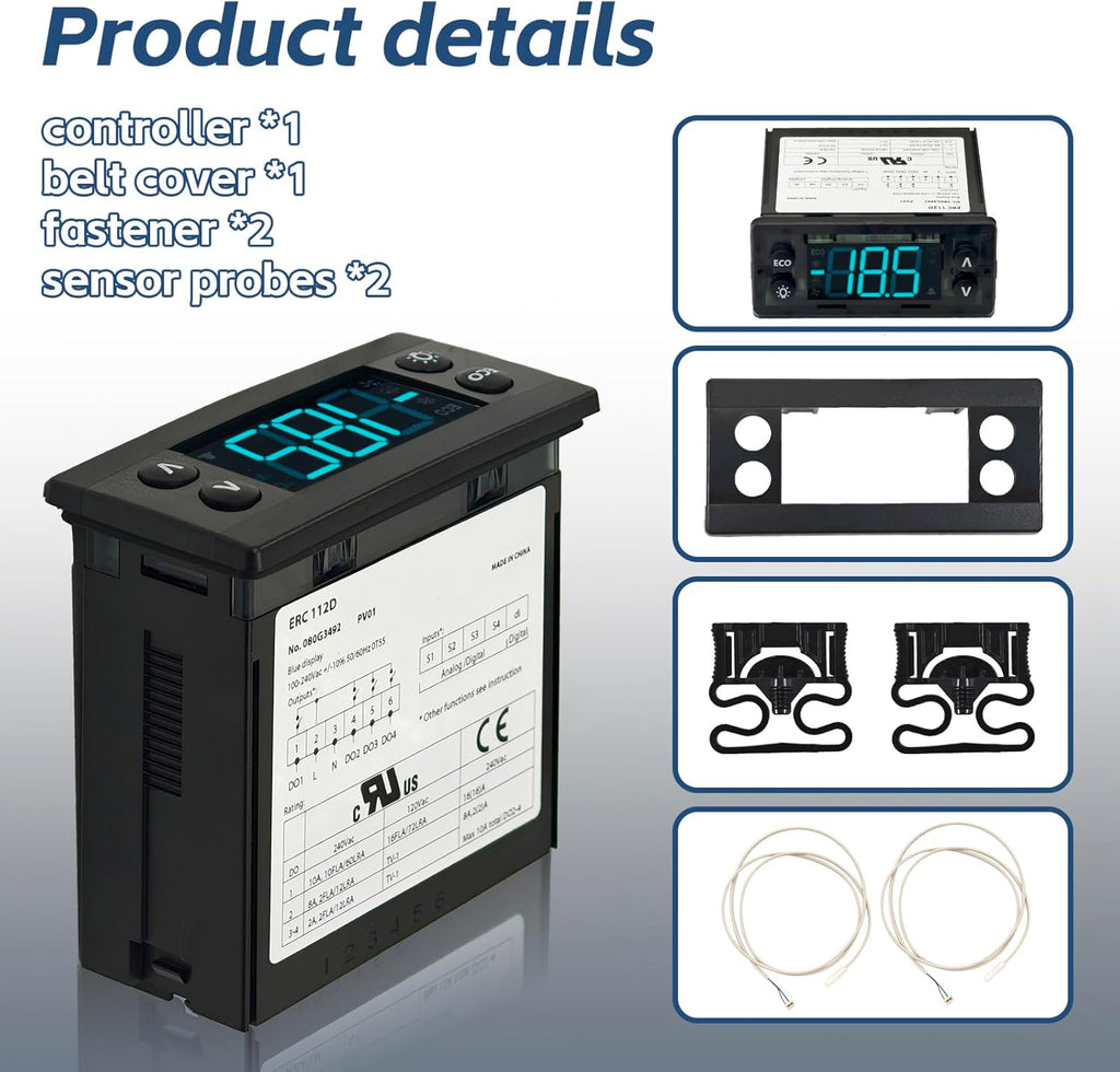 ERC112D Temperature Controller Kit, New BEV Air 00C30-123D-03 Temperature Controller with Dual NTC Sensor Probes, Compatible with Beverage Air Refrigerators